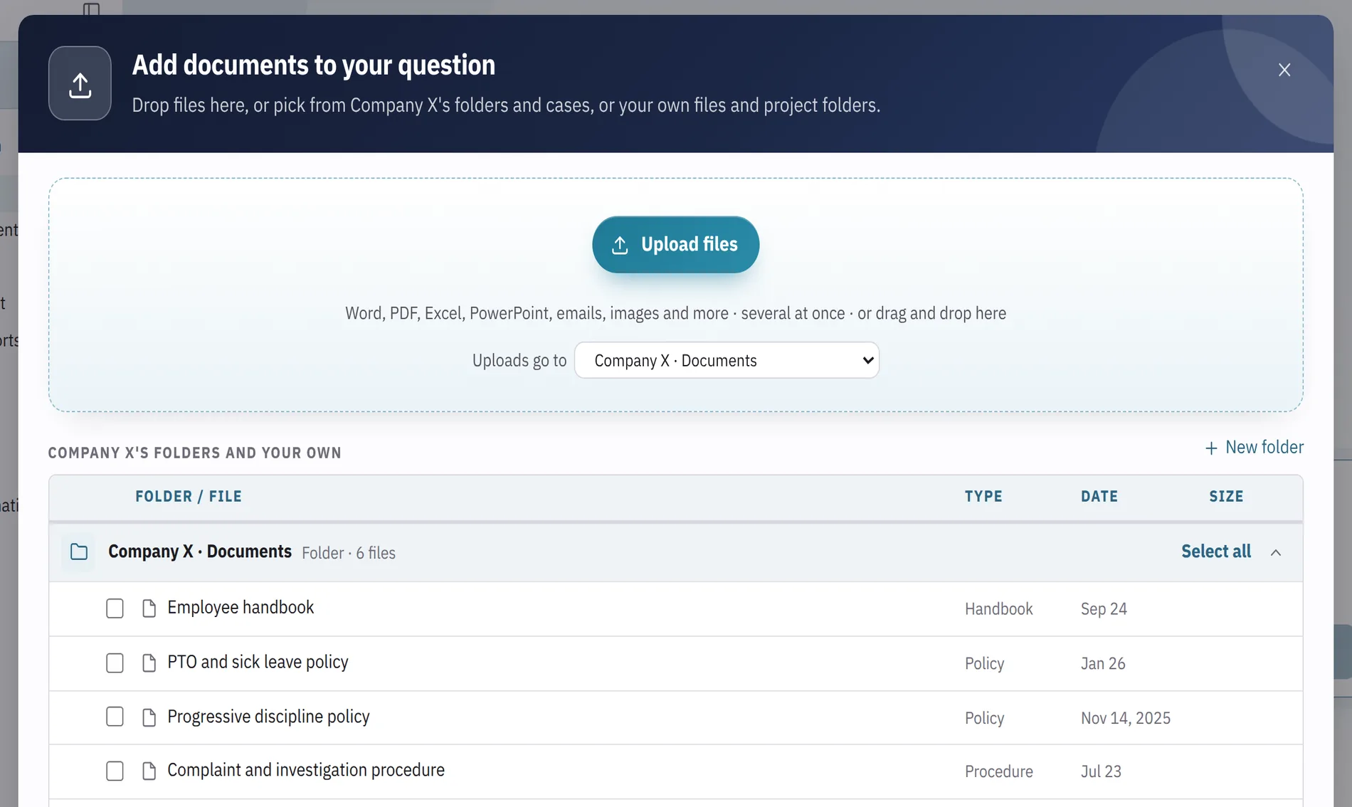 Adding documents to a question: Company X's Documents folder with its handbook, policies and contract, each with a tick box, and Upload files above