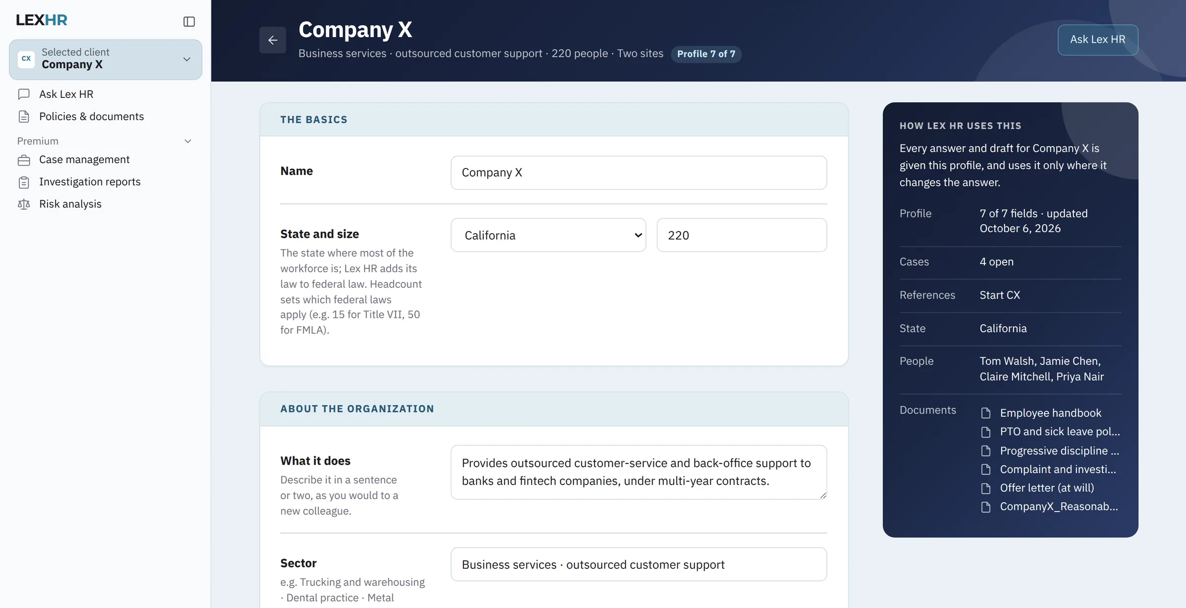 Company X's profile in Lex HR: its state and size, website, what it does and its sector, with its six HR documents listed beside